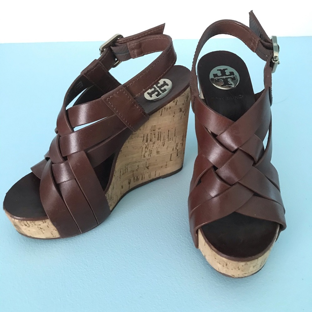 Tory Burch brown Ace high wedge sandal size 5